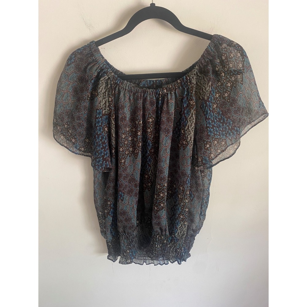 ana A New Approach Petite Large Blue Brown Paisley Floral Smocked Chiffon Blouse